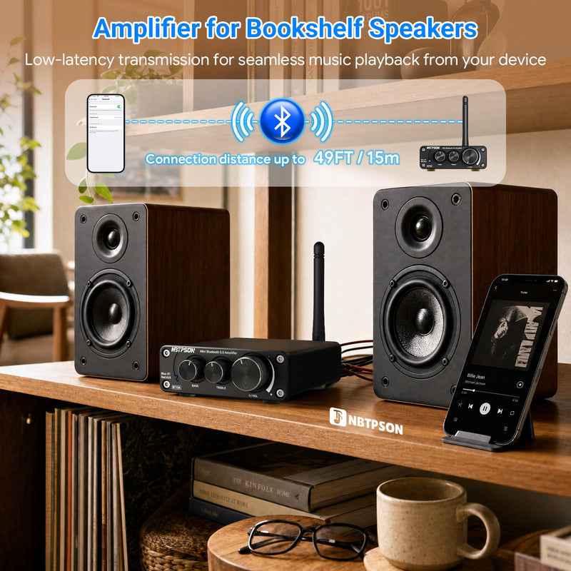 BT10A Bluetooth Stereo Amplifier, 100W x 2 Mini Class D Power Amplifier Receiver for Passive Speakers, 2 Channel Home Audio Amp with Bluetooth, for Bookshelf, Ceiling, Garage, Patio -TwoTPA3116 Chips
