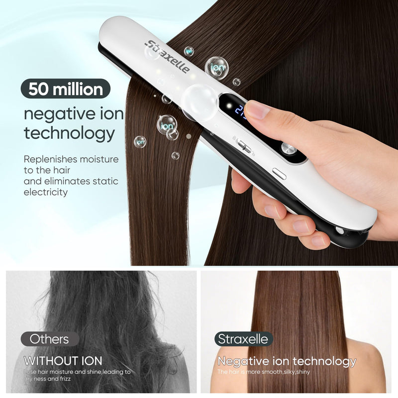 Mini Cordless Hair Straighteners and Curler,5000mAh Rechargeable Travel Straighteners Cordless with LED Display,2 in 1 Portable Flat Iron Hair Straightener 3 Temp Levels for Fine to Thick Hair(White) White