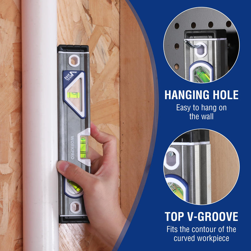 WORKPRO 10 Inch Torpedo Level, Small leveler tool with 3 Different Bubbles 45°/90°/180°, bubble level With Shock Absorbing End Caps, V-Groove for Conduit Bending, Silver/White/Blue 45°+90°+180°