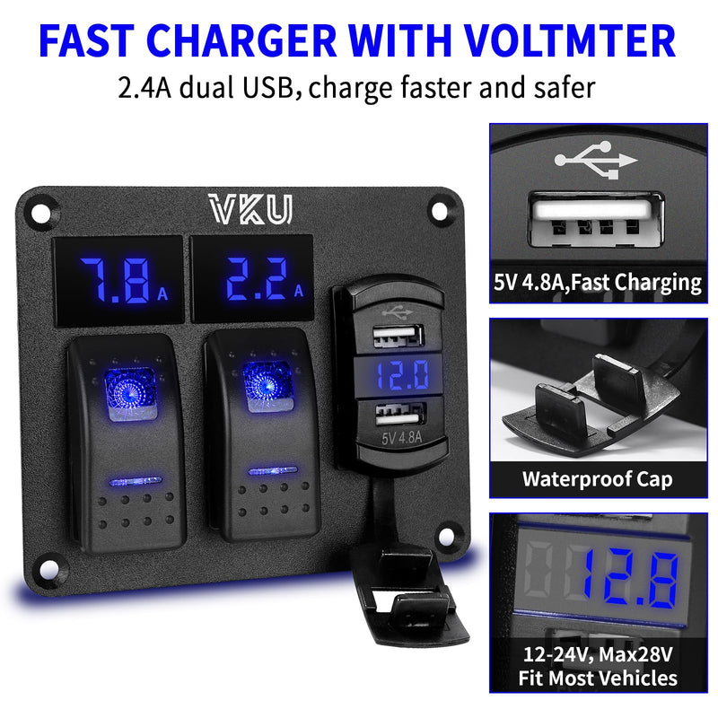 2 Gang Rocker Switch Panel with Ammeter and Voltmeter 4.8A Dual USB Charger Socket 12V 24V DC Aluminum Switches Panel 5Pin ON Off Switch for RV Cars Marine Boats ATVs Trailers 2 Gang with Dual USB Charger