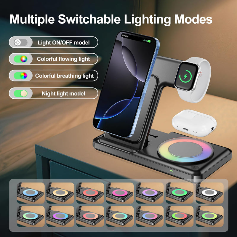 Wireless Charging Station with RGB Light for iPhone 17 16 15 14 Pro Max 13 12, Travel 3 in 1 Wireless Charger Stand for Apple Multiple Devices, iWatch 11 10 9 8 7 6 5 4 3 2, Airpods 4 3 Pro White