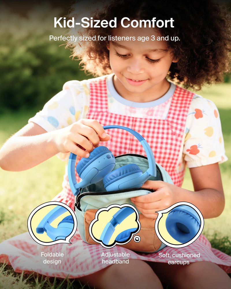 Belkin SoundForm Mini 2 Bluetooth Kids Headphones, On Ear, 55H Battery Life | Toddler headphones with Case, 85dB Volume Limit, Built-in Mic, Wired Connection Option, iPad, Android Tablet, School, Travel Blue