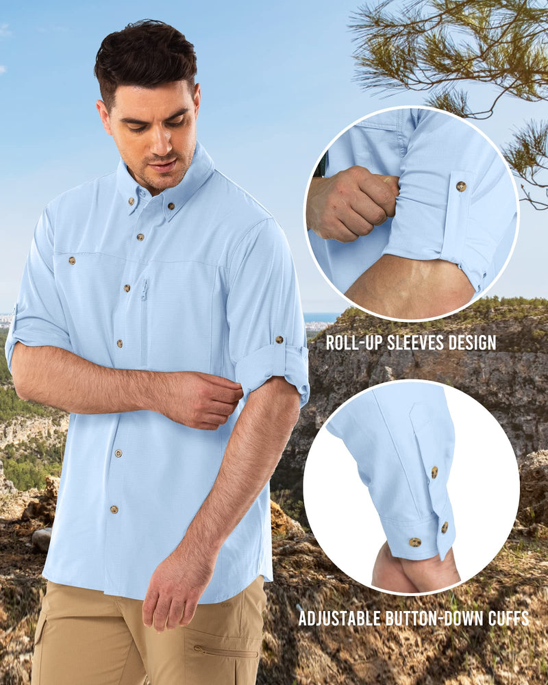 Outdoor Ventures Men's Long Sleeve Hiking Shirt UPF 50 UV Sun Protection Shirt Cooling Quick Dry for Travel Fishing Safari Large Light Blue