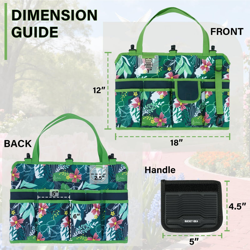 KUNN Bucket Tool Organizer 5 Gallon 18-Pocket Gardening Tool Bag with Hangable Handle | Garden Caddy & Bucket Accessory, Green Green Leaf