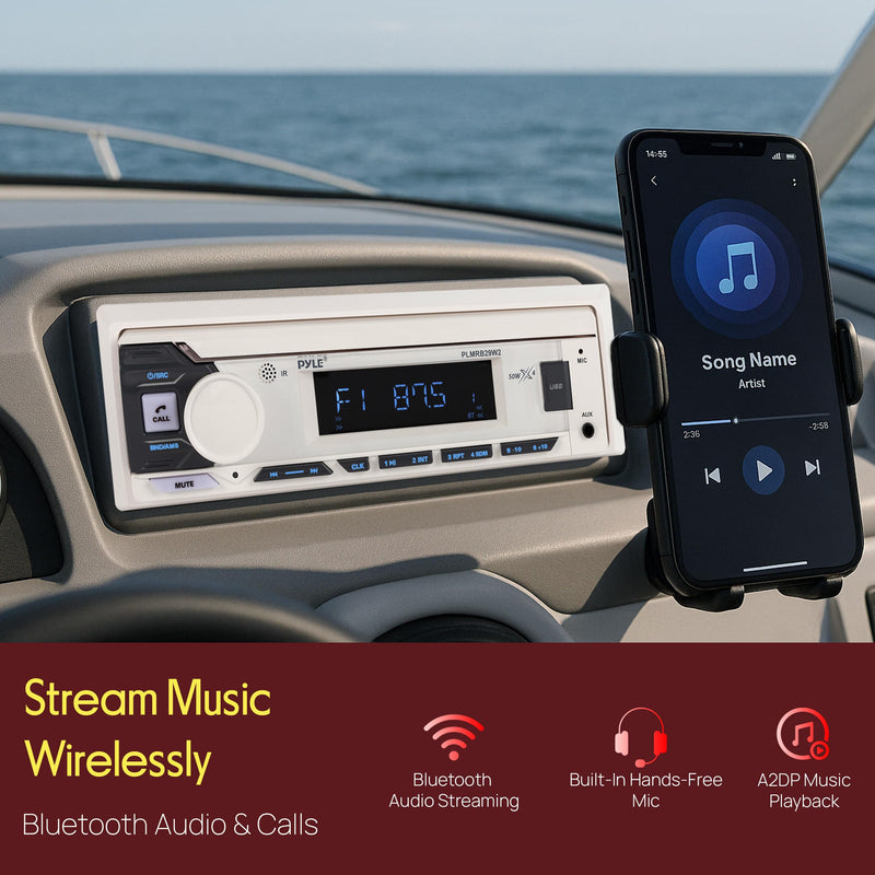 Pyle Marine Radio Single DIN Receiver – Bluetooth Wireless Streaming, AM/FM Tuner, USB/AUX MP3 Playback, Hands-Free Calling, Remote Control, RGB Buttons, Splash-Resistant Stereo Upgrade White