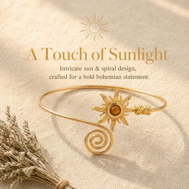 Gold Sun Arm Cuff for Women Adjustable Upper Arm Bangle Coil Swirl Armband Minimalist Jewelry Statement Cuff Beachy Party Accessory