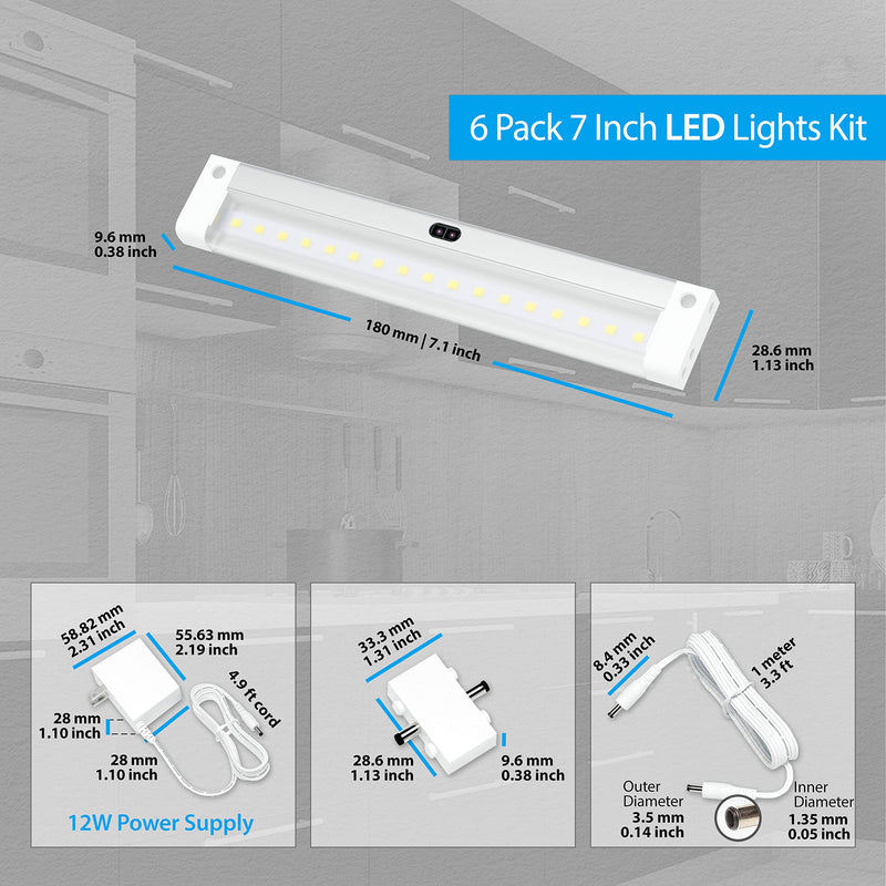 EShine Hand Wave Activated Under Cabinet LED Lighting Kit, Dimmable, 6-Pack 7 in - Touchless Dimming Control, White Under Counter Lights for Kitchen, Garage, Office, Desk - Warm White (3000K) Warm White (3000K) 6 pack