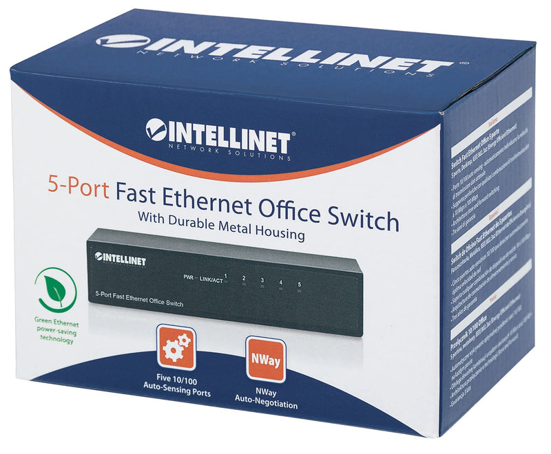 Intellinet 5-Port Fast Ethernet Network Switch - Ethernet Splitter - Unmanaged | Plug & Plug | Durable Metal Housing - for Computer Networking Hub, Desktop – 3 Yr Mfg Warranty – 523301