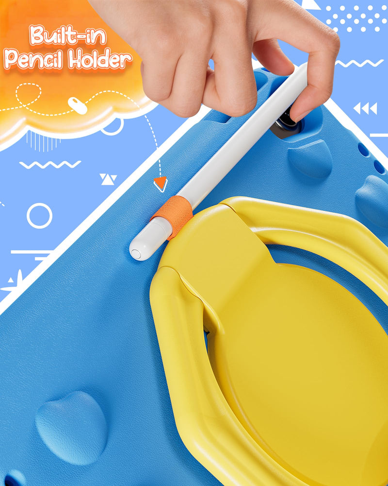 ProCase Kids Case for iPad 11th(A16)/10th, iPad Air 11" M4/M3/M2, Air 5/4th | Shockproof Cover, 360° Ring Stand, Pencil Holder, Shoulder Strap, Drop & Scratch Resistant for Toddler Tablets -Blue Silver iPad A16 11th 2025 /10th 2022