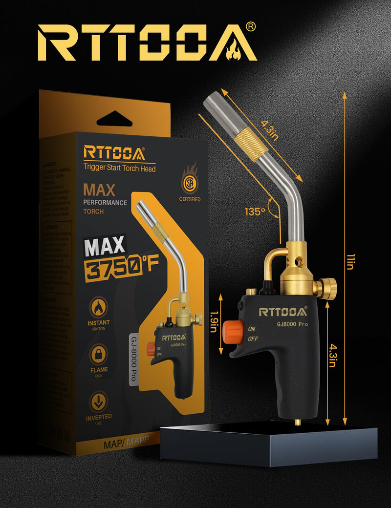 Propane Torch Head, GJ-8000pro High Intensity Torch Head, Trigger Start Gas Torch Kit for Propane, Pencil Flame Welding Torch Fuel by Mapp/Map/Propane, Soldering, Cooking（CSA Certified)