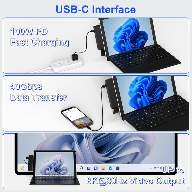Surface Pro 11/10/9 Accessories Docking Station & Adapter - 7-in-1 USB-C Hub for Dual Monitor, with 4K HDMI, USB C Thunderbolt 4 (8K@30Hz/40Gbps/100W PD), 2 USB 3.0, SD/TF Card Reader & 3.5mm Audio Black
