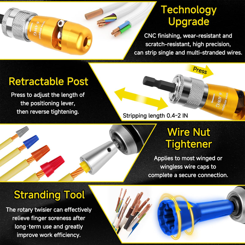 Makerfire Wire Stripper for Drill (US Regulations 14-12-10-8-6 AWG), Wire Twister tool for Drill, Drill Wire Stripper and Twister kit, Professional Electrician Tools Set(15pcs)