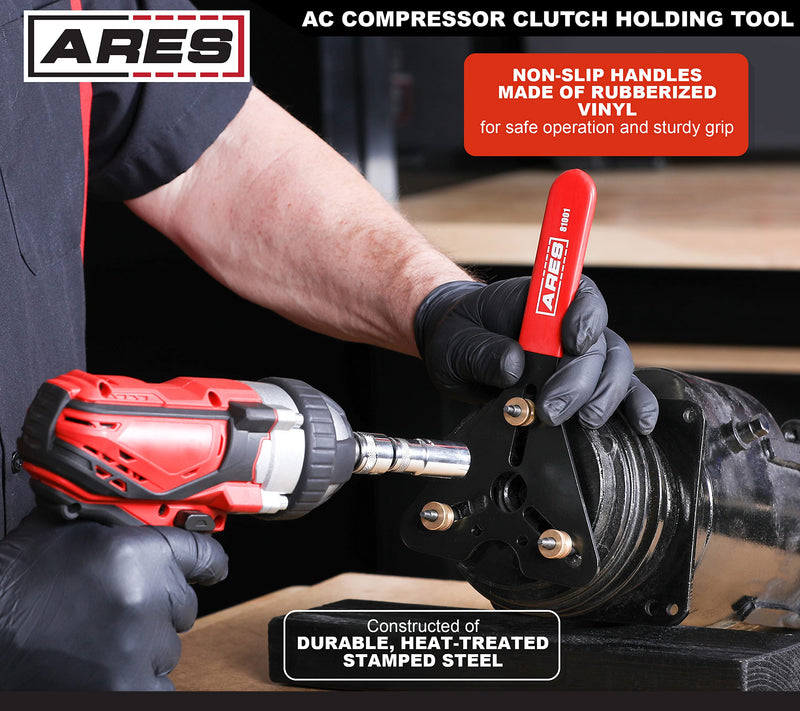ARES 81001 – AC Clutch Holding Tool – Stamped Steel Adjustable Clutch Holder for Various Applications – Compatible with Domestic and Import AC Compressors