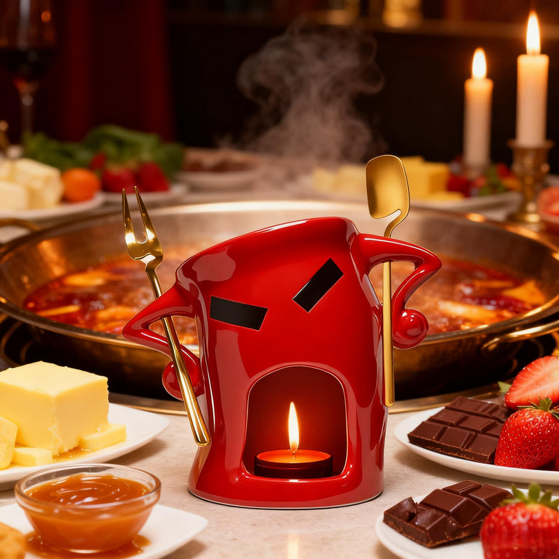Ceramic Fondue Cup Set w/Built-In Fork & Spoon - Mini Chocolate/Cheese Fondue Mug | Microwave & Dishwasher Safe | Compact Gift-Ready (Red) Red