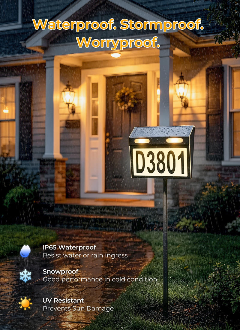 Brightown Solar House Number for Outside Address Signs - Stainless Steel Shell & Pole 3 Colors Waterproof Wall Mounted/In-Ground - Solar Powered Address Plaque for Yard Garden Home (Black) Black