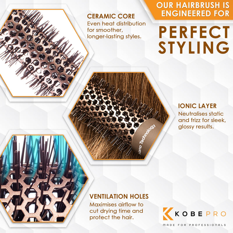 Kobe Professional Heat-Retaining Ceramic & Ionic Round Hair Brush for Blow Drying - With Nanotechnology - 19mm Barrel Brush - Blow Dry Hair Brush,Curling Brush 19 mm