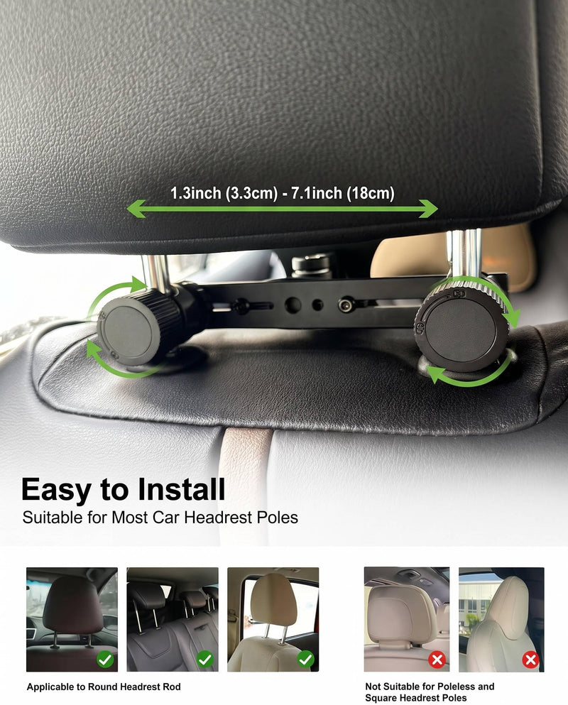 Heavy Duty Metal Car Headrest Monitor VESA Mount, Universal Car Headrest Mount for 15.6‘’ Portable Monitor, Adjustable Backseat Gaming Holder for 10–27 Inch Screen, Stable Road Trip Stand for Kids