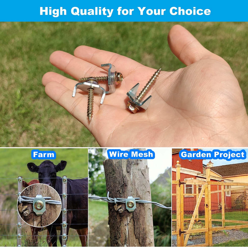 100 Pcs Fencing Fasteners Post Screw with Wire Fixer, Fence Staple for Wire Mesh and Woven Fencing, Quickly Install in Wood with Power Drill 100