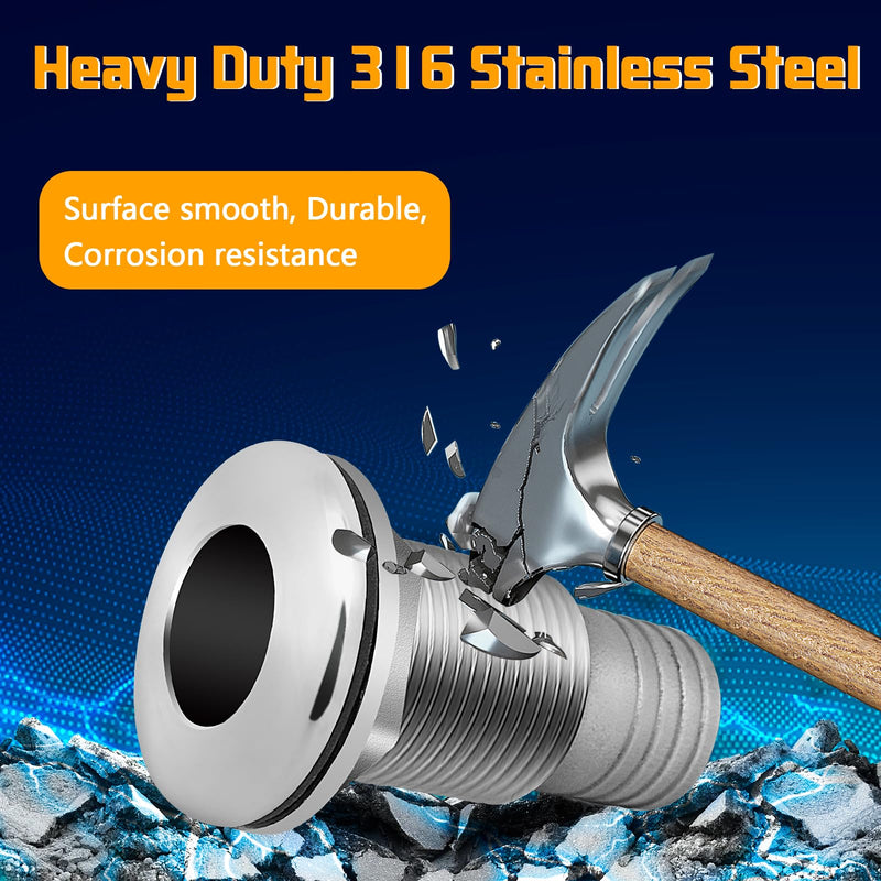 Thru Hull Fittings for Boats, Stainless Steel Yacht Through Hull Connecter with Straight Barb, Marine Barbed Hose Skin Fitting Drain for 3/4 inch I.D. Hose, 1 inch I.D. Hose 1'' ID