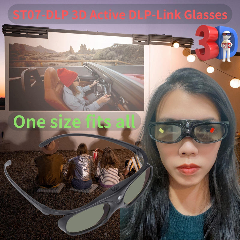 Sintron 2X ST08-DLP 3D Active DLP-Link Glasses Eyewear Rechargeable - 144Hz for 3D-Ready DLP Projectors Including Optoma, BenQ, Acer, Dell, Viewsonic, Vivitek, Sharp, LG, NEC, Mitsubishi (Black) Black