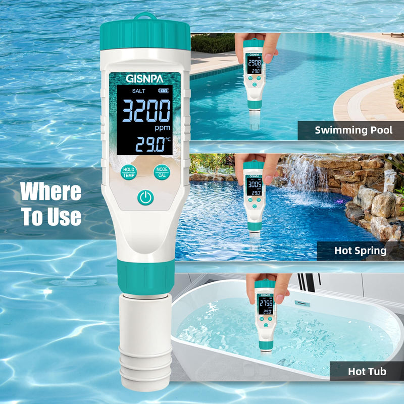 Chlorine Tester & Pool Salt Tester, Digital Pool Water Tester, Pool pH Tester 7 in 1 FAC Digital Salinity Tester for Saltwater Aquarium Sodium Chloride Swimming Pools Hot Tubs Spas Green