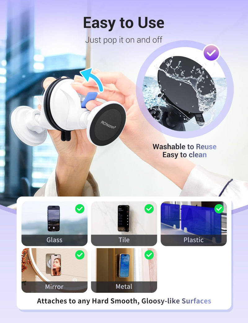 PROfezzion Multi-Surface Suction Mount Compatible with MagSafe iPhone 15 14 13 12 & All Phones, Detachable Hands-Free Phone Holder for Mirror, Glass, Bathroom, Kitchen, Selfies, Videos & More - White
