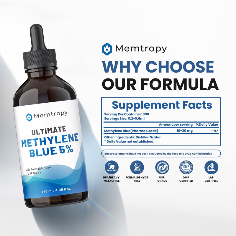 Methylene Blue Pharmaceutical Grade 4.06 fl oz (120 mL), 99% Purity Supplement for Humans, Formaldehyde-Free, Alcohol-Free, Glass Bottle