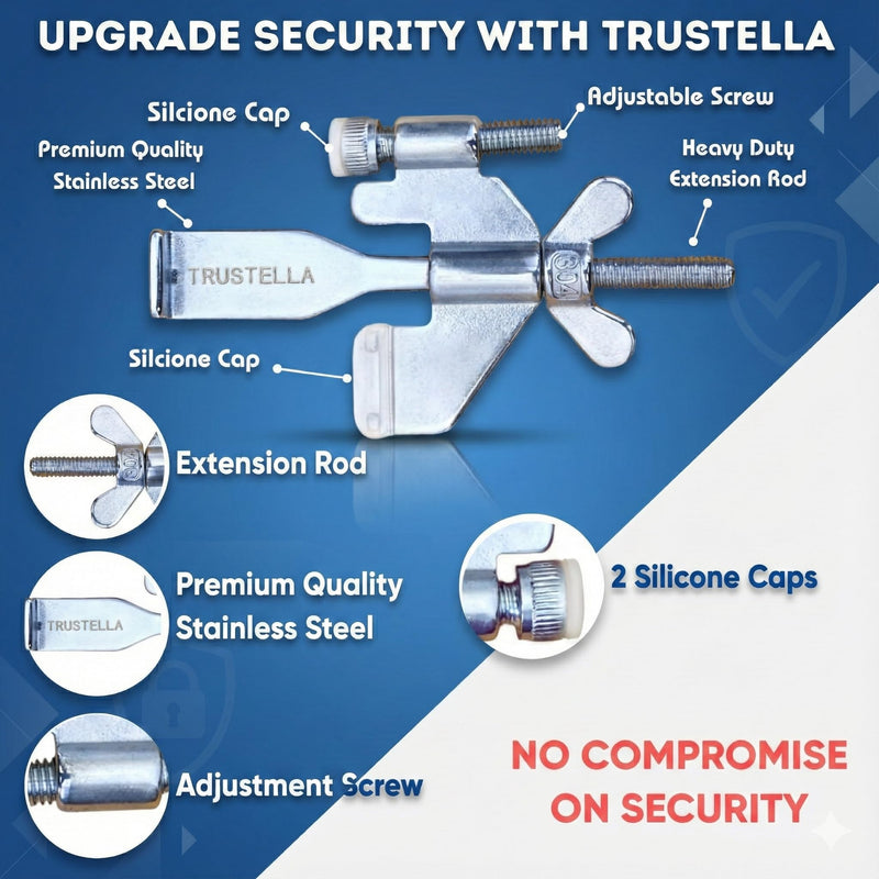 Original Trustella Heavy-Duty Portable Door Lock with Stainless Steel Build. Perfect for Home, Travel, Hotels, and Apartments for Inward-Opening Doors with a 2 mm Gap. (Silver/Black) Silver/Black