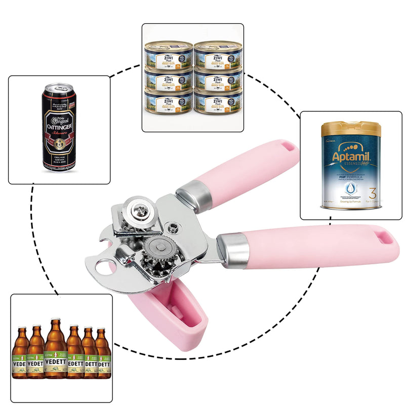Manual Can Opener, Handheld Tin Opener Cork Screw, Easy Turn Knob, Built in Bottle Opener, Hangs for Convenient Kitchen Storage, Easily Open Tin Cans, 2 Silicone Lid Cover for Can, Pink 7.87 x 2.72 x 2.17 inches