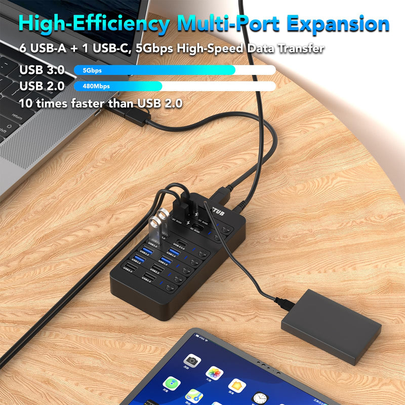 14-in-1 Powered USB Hub, USB Data Hub w LED Individual On/Off Switches for MacBook/PC/Steam Deck & External HDDs, 6 USB 3.0,3 USB 2.0,2 USB-A/C Charging,1 USB-C 3.0,1x PD 60W,1x Type-B for HDD Dock