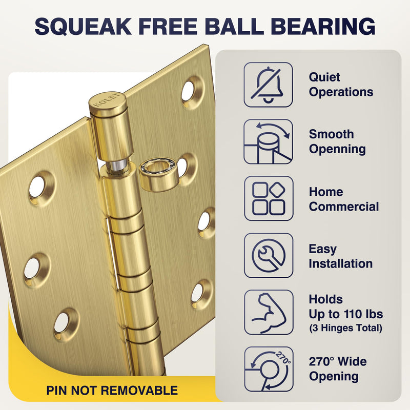 KOLET Ball Bearing Brushed Gold Door Hinges, 4 x 4 Inches Brass Gold Door Hinges, Square Corner, Stainless Steel Hinges, Heavy Duty, Smooth and Non Removable Pin, Brushed Gold, 3 Pack