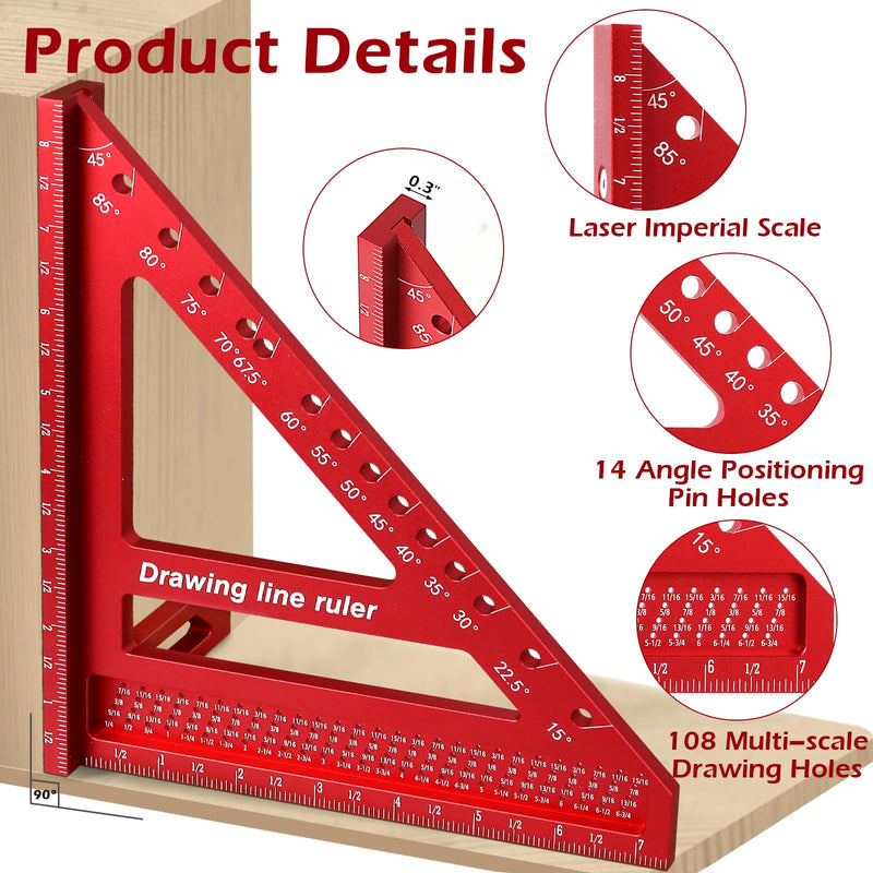 8.5 inch 3D Multi-Angle Measuring Ruler -Large Precision Woodworking 3D Square Protractor 15-90 Degree and Miter Triangle - Aluminum Alloy Drawing Line Ruler for Engineer Carpenter Red