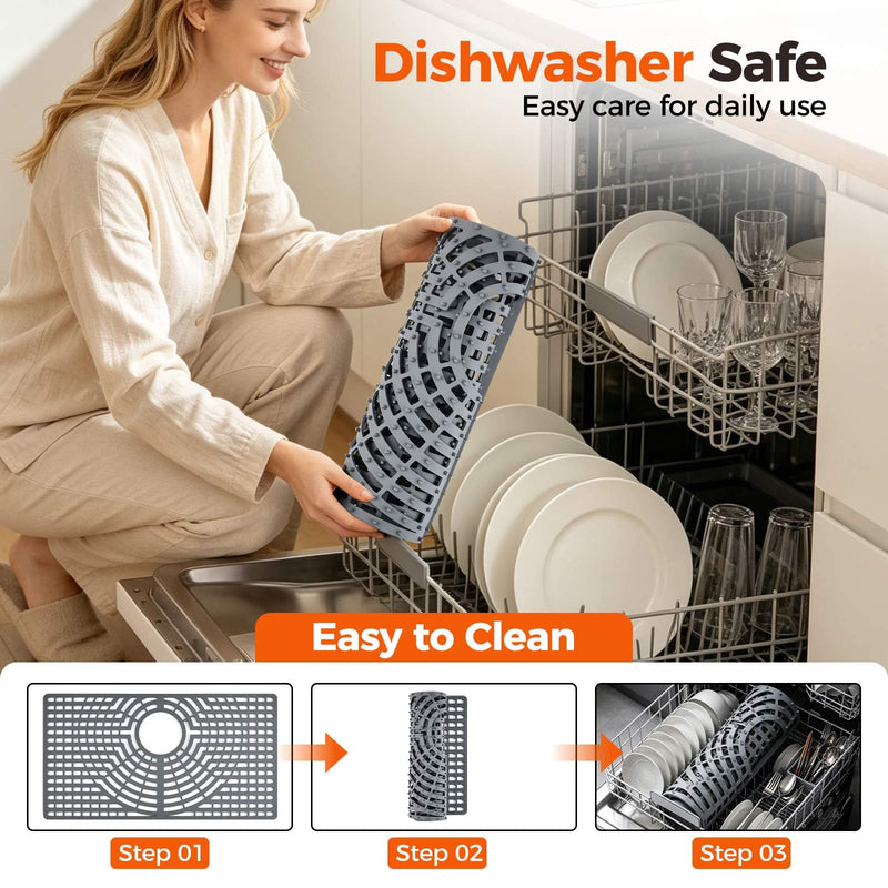 Snuggery Silicone Sink Protector for Kitchen Sink 28" x 15" – Flexible Sink Mat, Heat Resistant Grid, Non-Slip Rack, Easy to Clean Dishwasher Safe – Fits Farmhouse, Single & Double Bowl Sinks 28x15 rear