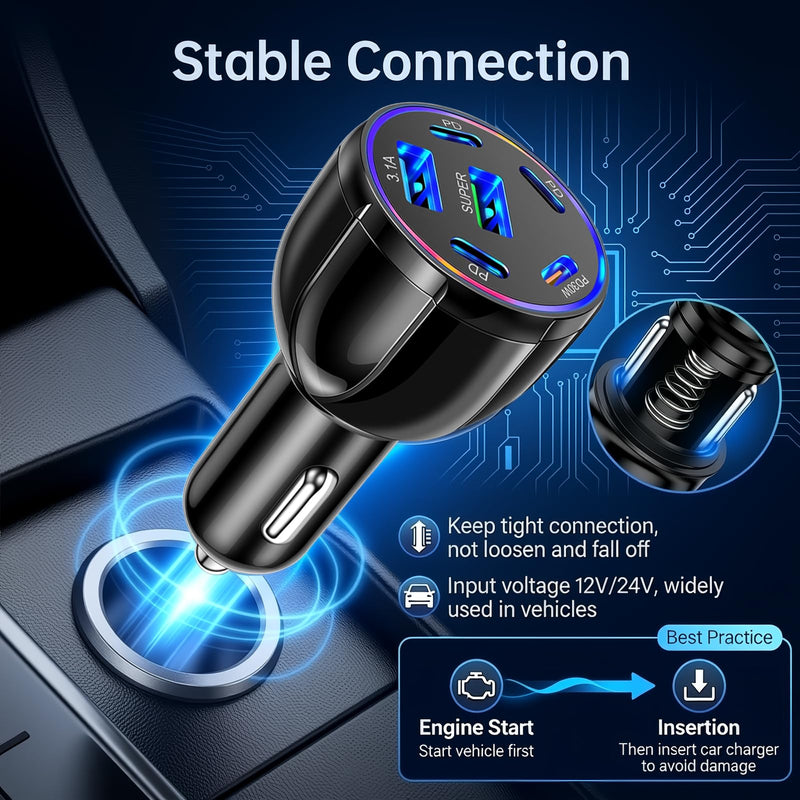 2026 Upgraded 6 Port Car Charger USB C & USB A,75W Fast Car Charger Adapter for Super/PD30W/PD/3.1A,12V/24V Cars Cigarette Lighter Chargers Cars Chargers Port for Phones,Tablets 6 Ports