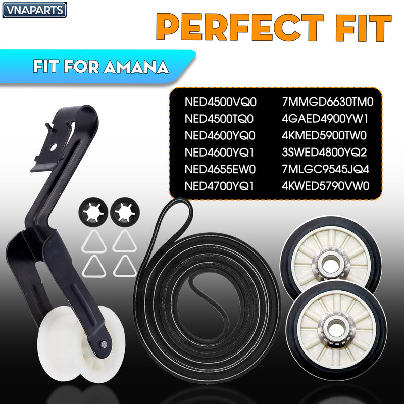 Dryer Repair Kit Replaces For Amana NED4500VQ0 NED4500TQ0 NED4600YQ0 NED4600YQ1 NED4655EW0 NED4700YQ1- Drum Rollers 14210017, Belt 341241, Idler Pulley 14210023