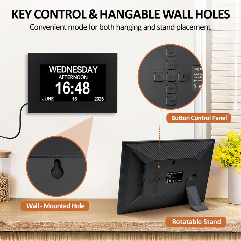 7" Digital Alarm Clock for Seniors, Dementia Clock with Day and Date for Elderly, Digital Calendar Day Clock with 20 Reminders & 20 Alarms, Auto-DST 7" Non-Touchscreen Black