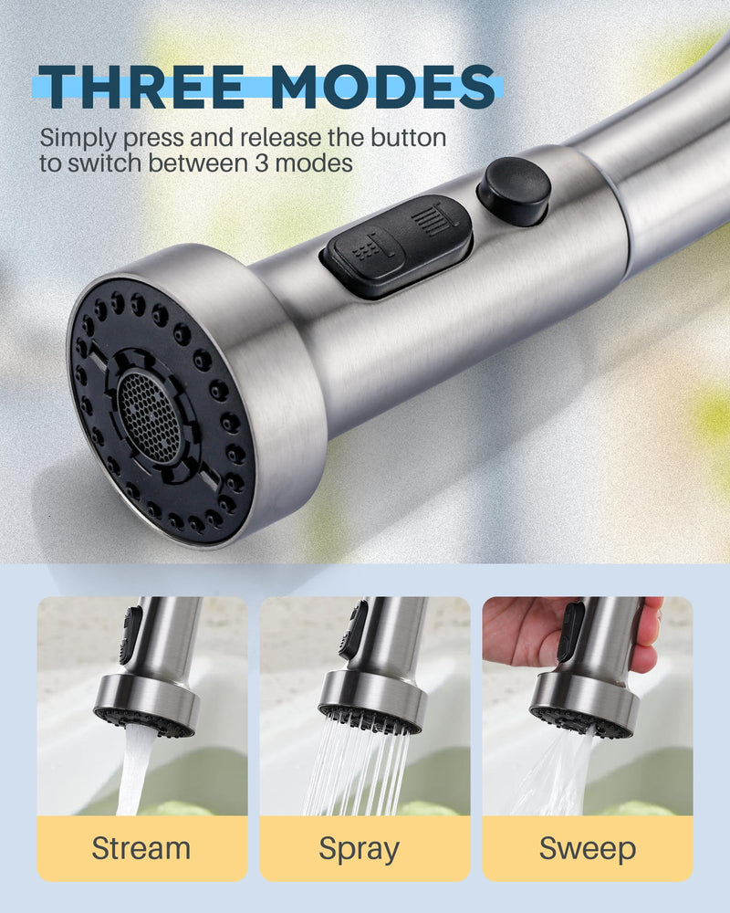 Stainless Steel Kitchen Faucet Head: ARCORA 3-Function Kitchen Faucet Head Replacement with 13 Adapters - Brushed Nickel Pull Down Spray Head Compatible with Moen, Delta, American Standard Faucets Stainless Steel