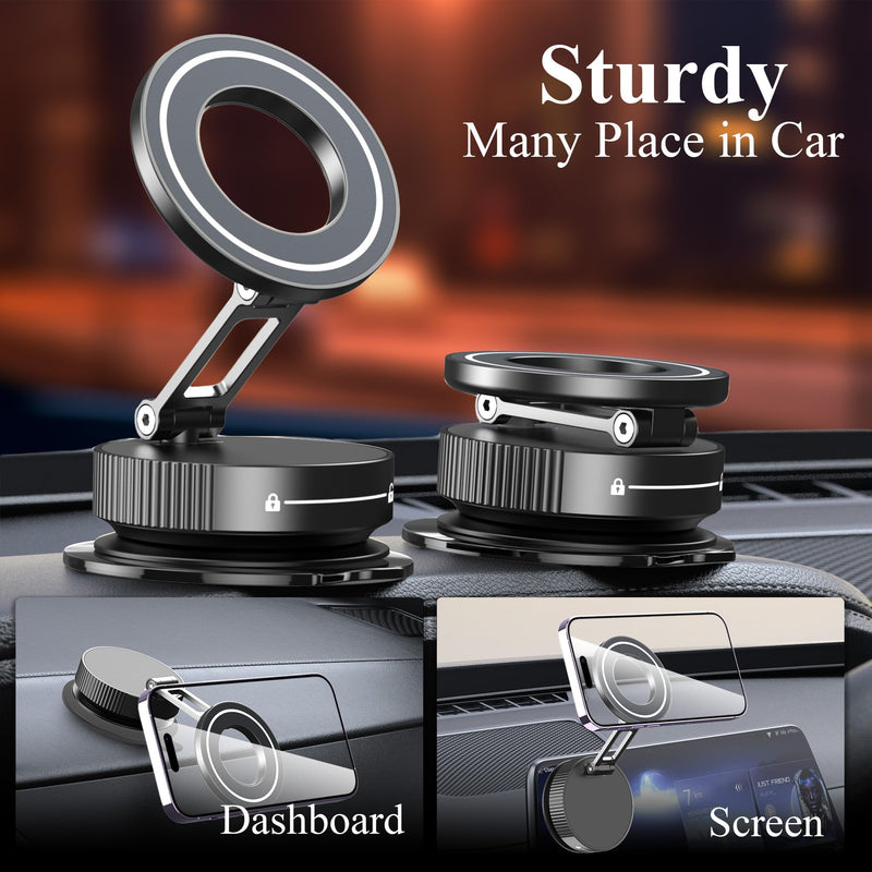 Vacuum Magnetic Phone Holder for Car,Vacuum Suction Phone Mount,Magsafe Car Mount for iPhone, Full Metal Body,Folding Holder for iPhone and Android