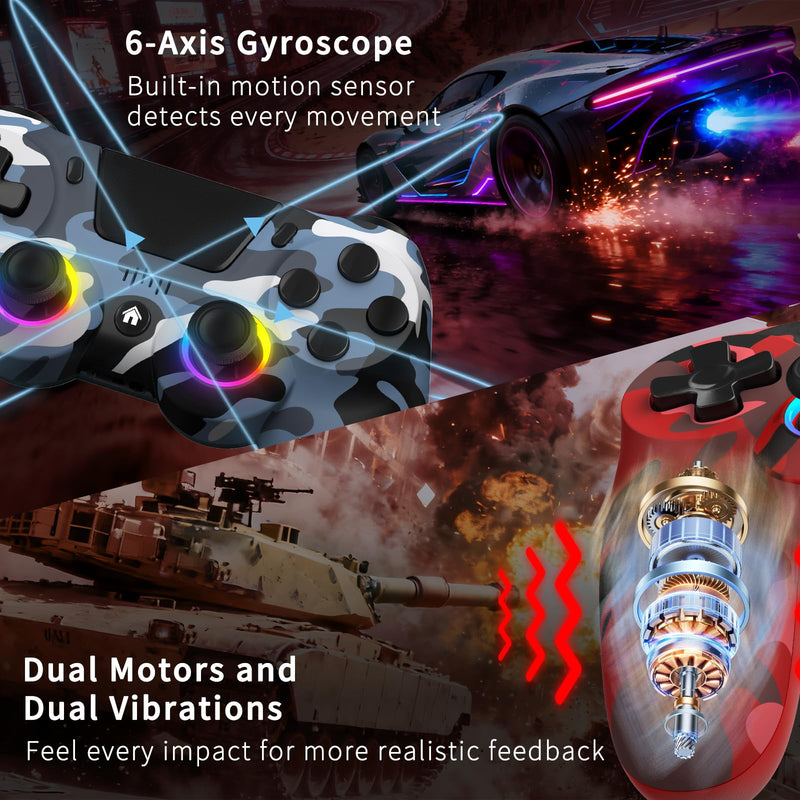 2 Pack Wireless Controller for PS4, Game Remote Controller Compatible with PS4/Slim/Pro/PC, Programmable, RGB Light, 1000mAh Battery, Dual Vibration, 6-Axis Gyro, Share, Touch Pad,Speaker&Audio Jack Camo Red&Blue