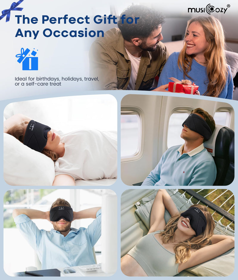 MUSICOZY Bluetooth Sleep Mask Headphones with HD Speakers for Side Sleepers | Ultra-soft Bluetooth 5.4 Wireless Over-Ear Washable with HD Stereo Ideal for Travel Meditation Relaxation Gifts for Men Women Midnight Black