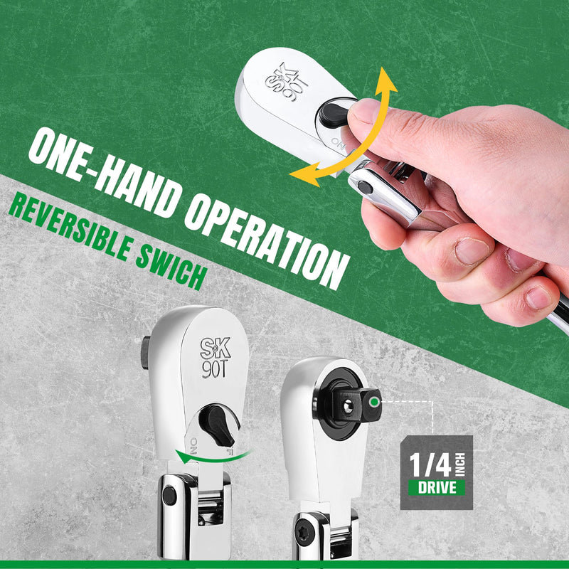 SK 1/4" Drive Flex Head Ratchet Handle, 90-Tooth Ratchet, Premium CR-V Construction, Reversible Design, with Contoured Handle