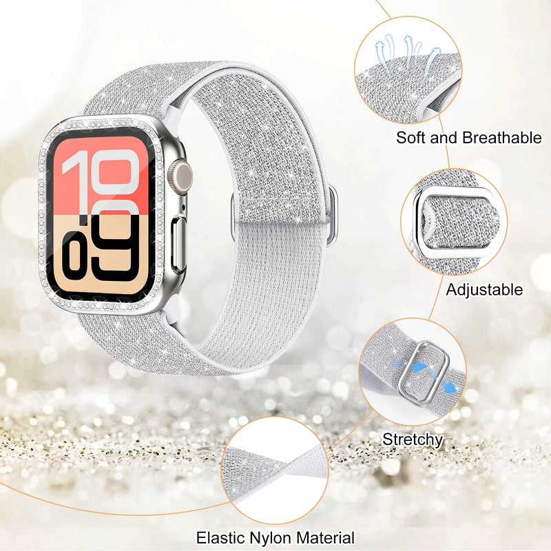Bling Rhinestone Screen Protector Case Band for Apple Watch S11/10/SE/Ultra | riwoauoo 3-in-1 Glitter Diamond Hard PC Cover Built-inTempered Glass Film Nylon Sport Strap Women for iWatch 40/44/42/46/49mm Silver 40mm for SE 3/SE 2/SE/6/5/4
