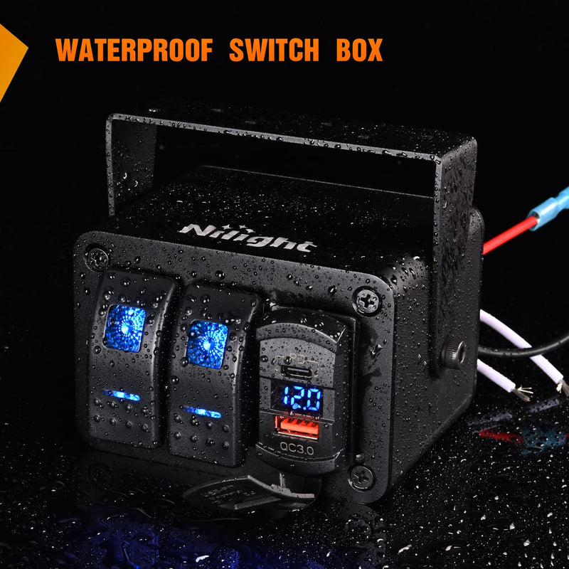  [AUSTRALIA] - Nilight 2 Gang Rocker Switch Box 12V SPST ON Off Switch PD Type C and QC 3.0 USB Charger Voltmeter Waterproof Aluminum Rocker Switch Panel DIY Stickers for Boats Cars RVs Trucks Blue+Box