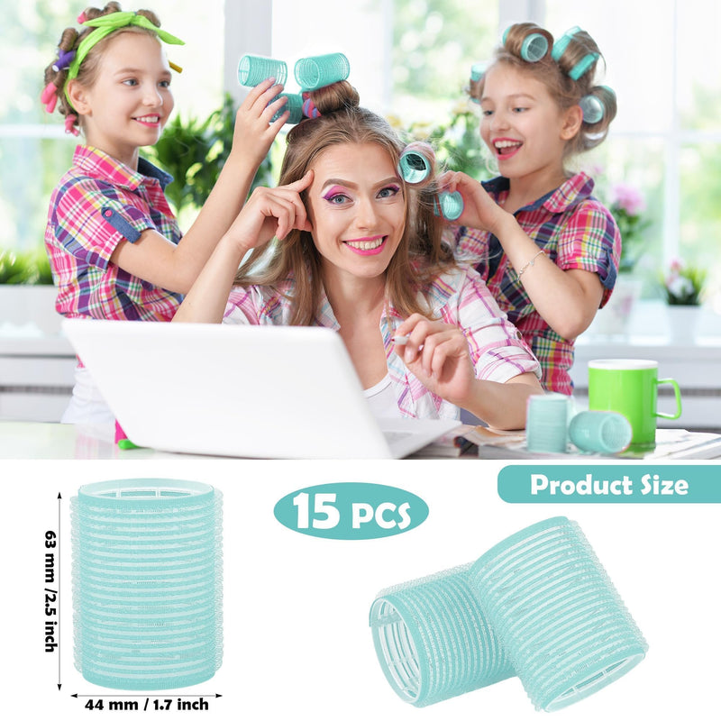 15 Self Grip Hair Rollers Self Holding Green Rollers Gripping Sticky Rollers Salon DIY Hairdressing Curlers Hair Curling Tools for Men Women Long Medium Short Hair (44MM)