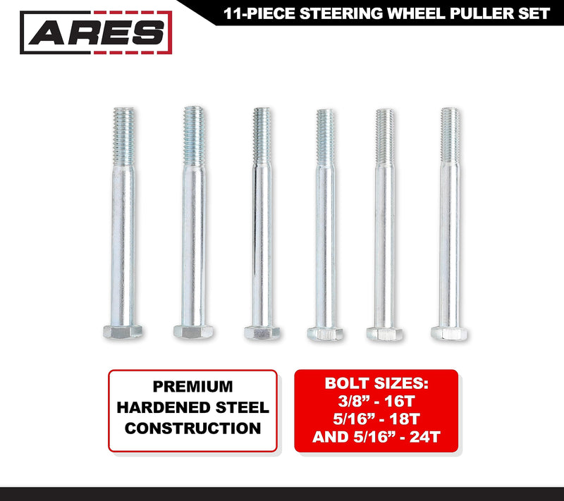 ARES 12024-11-Piece Steering Wheel Puller Set - Use on Vehicles with 4-Inch Hubs - Tempered Drop Forged Steel Construction 11-Piece Steering Wheel Puller Set