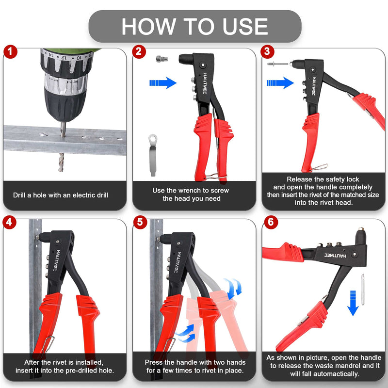 HAUTMEC Pop Rivet Gun with 4 Interchangeable Rivet Heads and Portable Wrench, Heavy Duty Durable Hand Riveter for Metal, HT0125-HR 10" Riveter