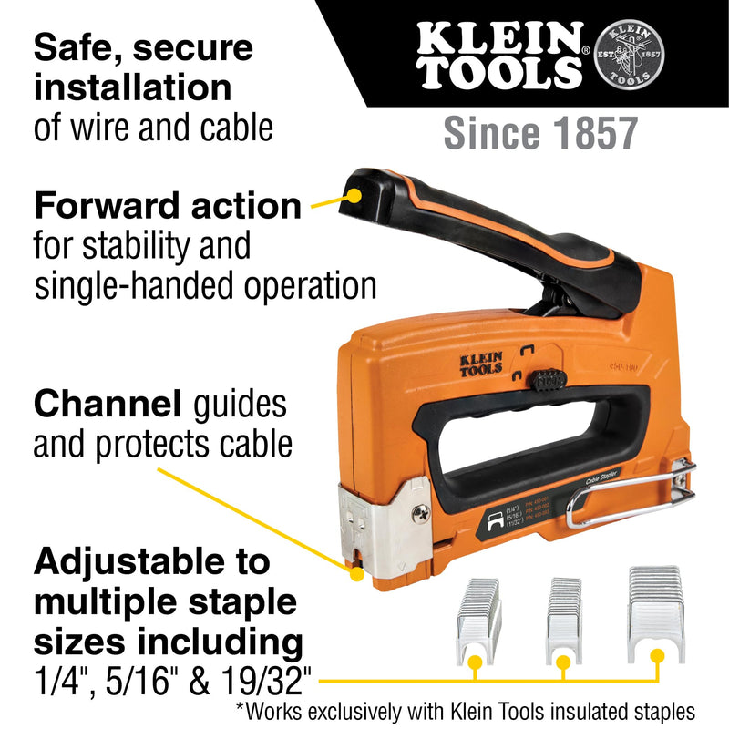 Klein Tools 450-100 Heavy Duty Stapler for Voice, Data, Video and Nonmetallic Sheathed Cable Fits 1/4-, 5/16-, and 19/32-Inch Staples