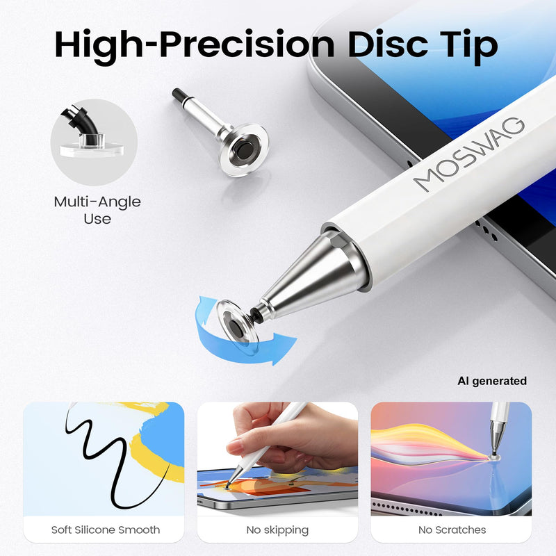 MOSWAG 3 in 1 Touch Screen Stylus Disc Fine Tip Passive Drawing Stylus | for Video Editing,Drawing, Note Taking, Gaming, Works on Touchscreen Compatible with Smartphone Tablet and More White 1 Pack