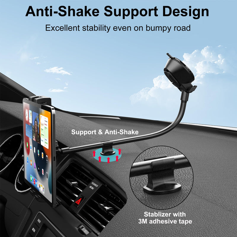 Peastrex Tablet Holder for Car, Dashboard Ipad Holder Gooseneck Windshield Strong Suction Cup Mount for 4.5-12.9" Tablets Phones, iPad Pro, Galaxy Tab, iPhone 15 14 Galaxy S25 S24 Z Fold 5 4