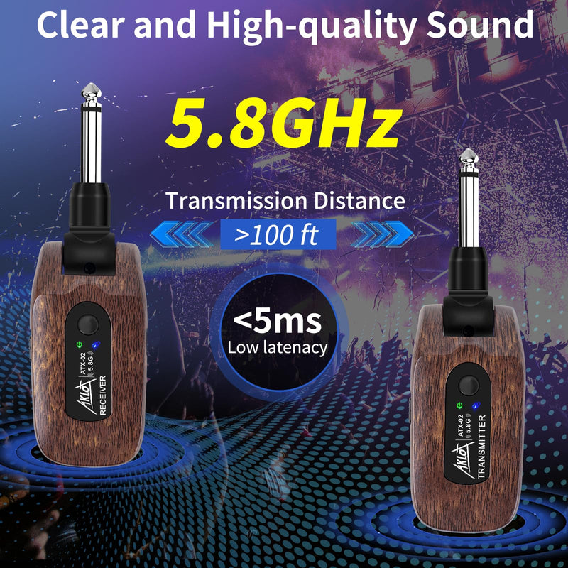 AKLOT Wireless Guitar System Transmitter Receiver Set 5.8GHz Built-in Rechargeable Lithium Battery Digital for Electric Guitar Bass Brown